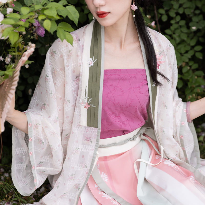 Chixia~ Han Lolita Elegant Pink-white Horse Face Skirt L full set(short sleeve cardigan+camisole+flower print horse face skirt) 