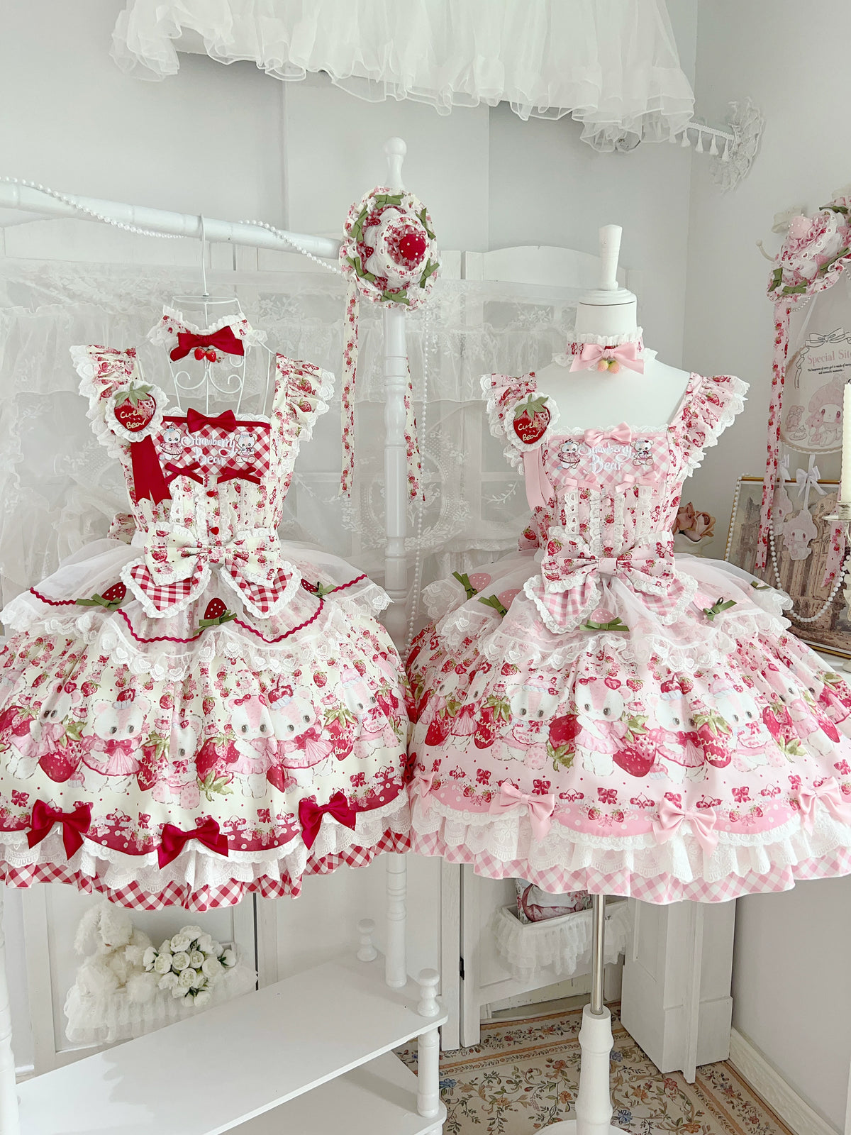 Berry Bear Whisper - Sweet Lolita JSK Set, Strawberry Bear Themed Print 45904:867448