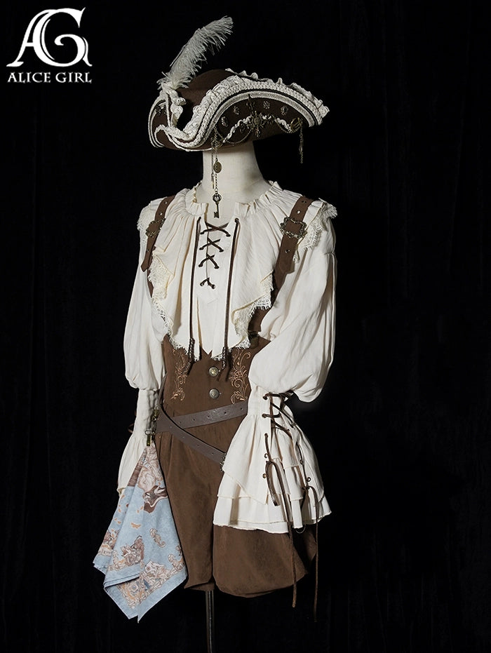 Alice girl~Nautical Treasure Map~Retro Lolita High Waist Embroidered Suspender Shorts   
