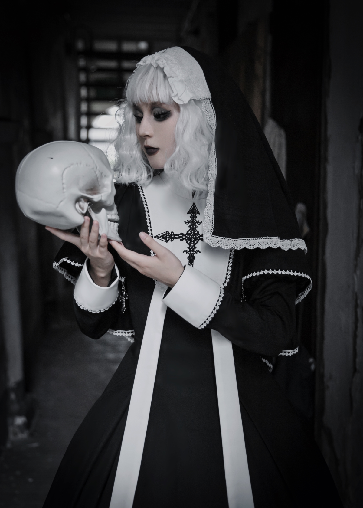 Halloween Gothic Lolita OP Dress & Cape, Cross Embroidery 45848:864795