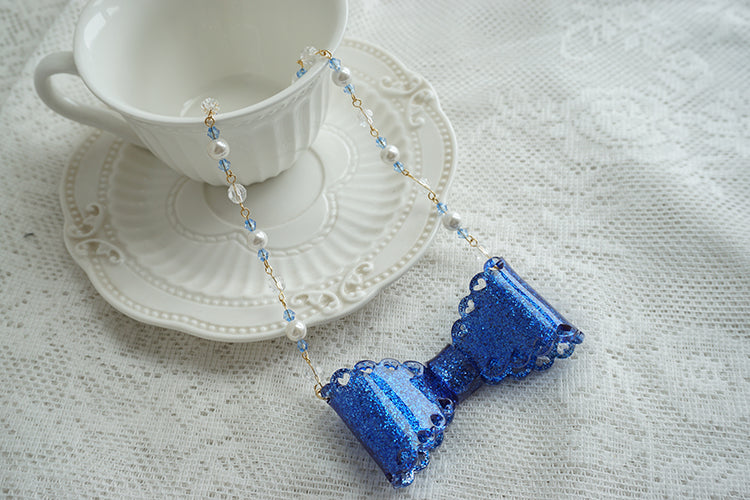 (Buyforme)Cat Tea Party~Handmade Sweet Lolita Beaded Bow Necklace blue  