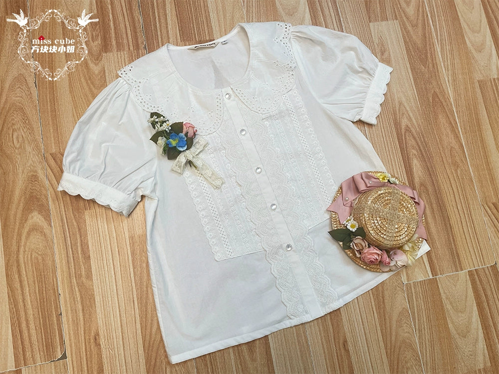 Miss Cube~Antique Label~Sweet Lolita Shirt Cotton Blouse Embroidered Collar XS White 