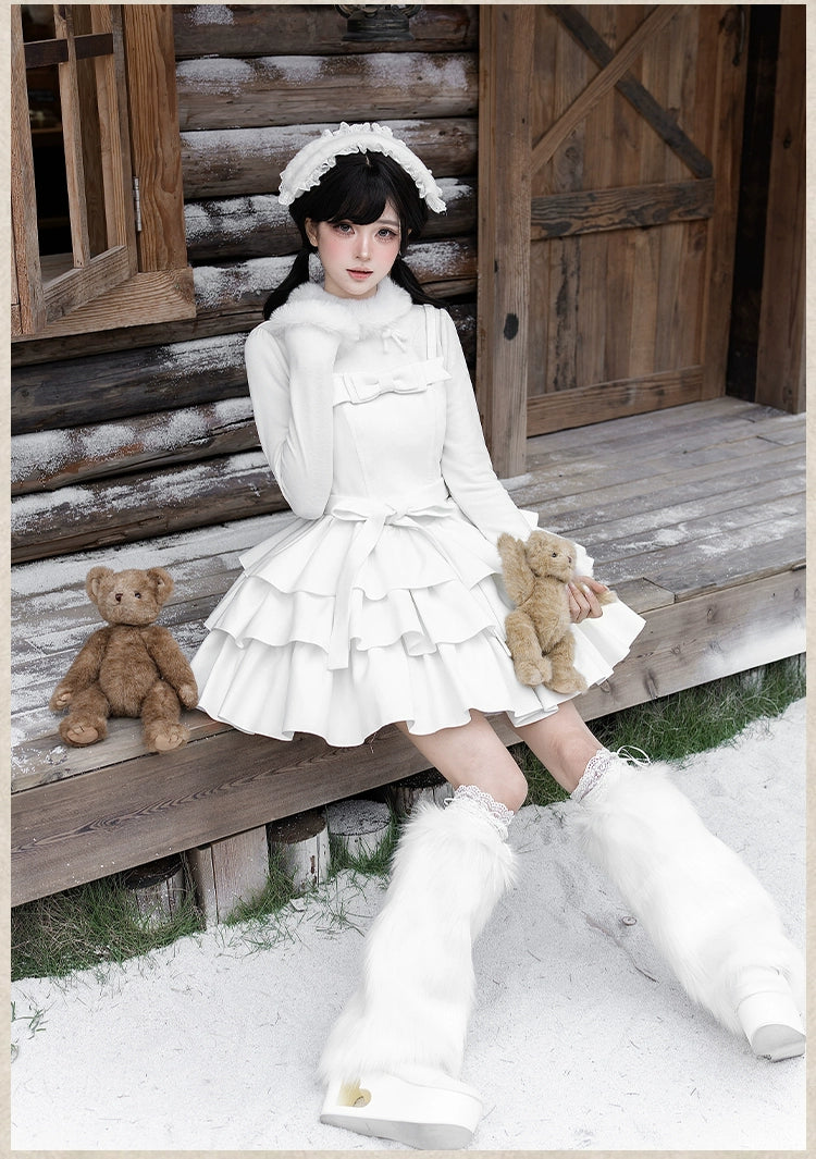 With PUJI - White Choco - Winter Kawaii Lolita JSK Dress Set, Fluffy Accents 44246:801092