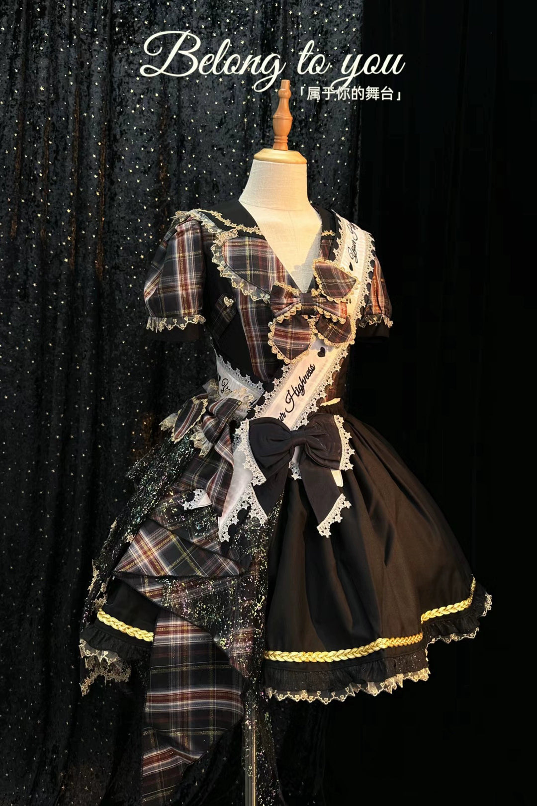 Your Highness~Sweet Lolita Skirt Two-Piece Set Stage Singing Suit S Black with gold thread 