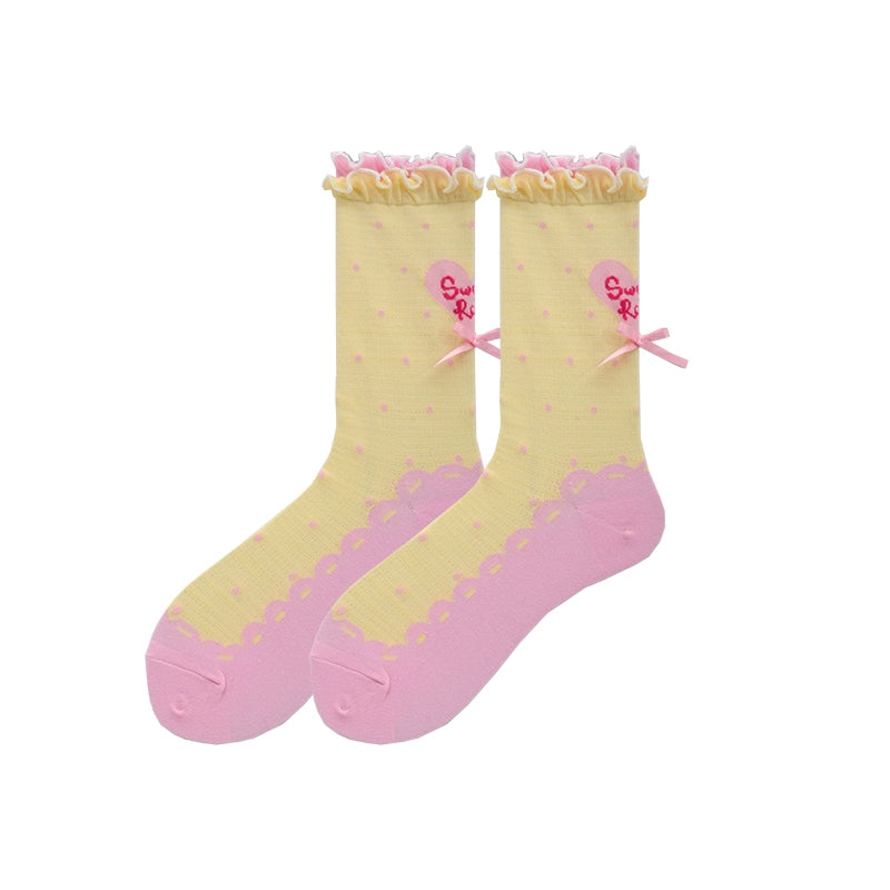 Roji Roji~Sweet Lolita Socks Cute Lolita Short Socks With Polka Dot Free size Yellow and pink  - 1pair 