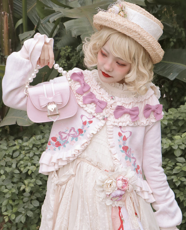 Lilizi~Little Strawberry~Sweet Lolita Cardigan Ivory Sweater with Bows