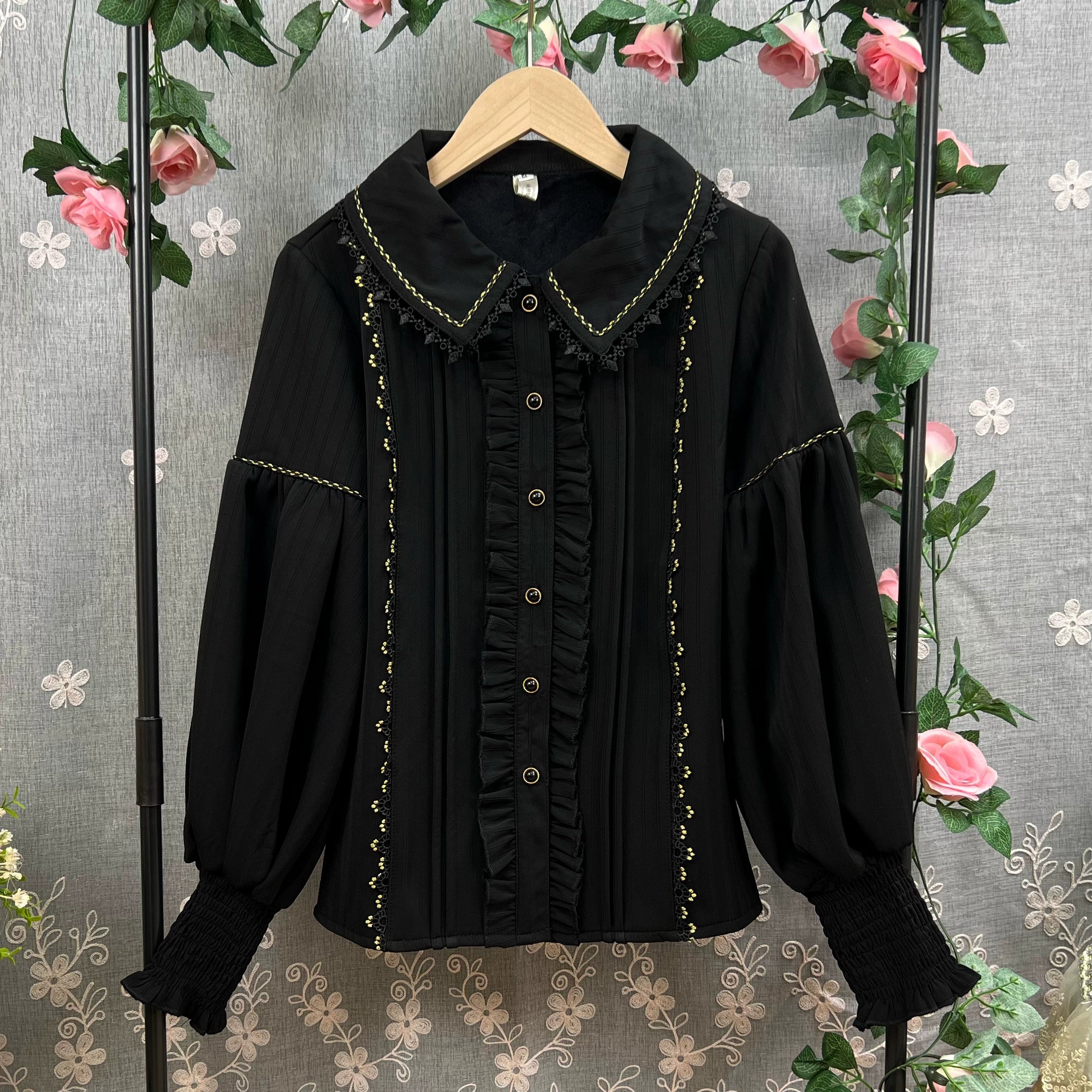 DMFS Lolita - The Heart of the Rose - Elegant Retro Lolita Skirt High Waist SK Blouse S Black fleece shirt-Peter pan collar