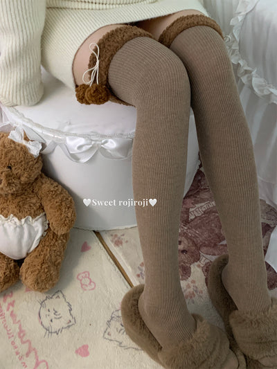 Roji Roji~Winter Fuzzy Ball Lolita Socks Over Knee Thick Socks Free size Brown (over-the-knee socks)-60cm 