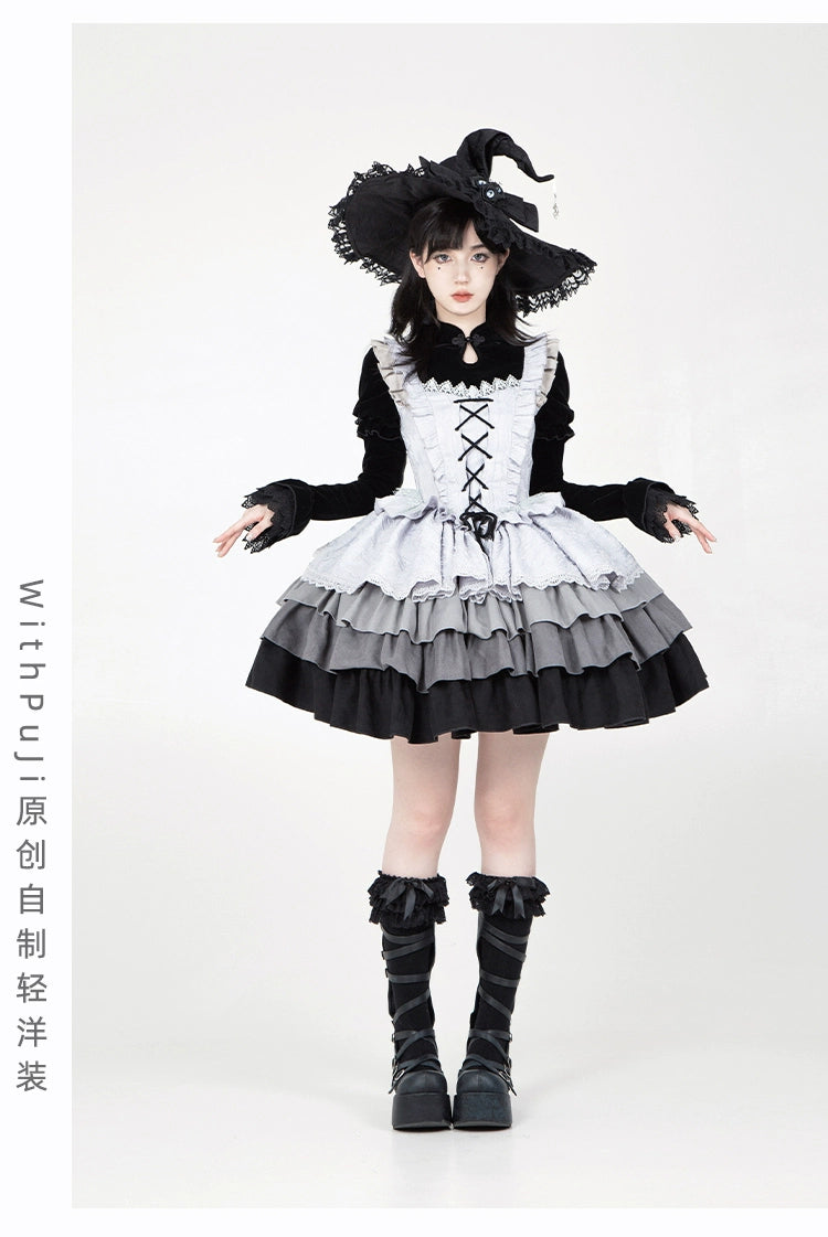 With Puji~Innocent Talk~Halloween Chinese Style Lolita OP Black-silver Gray Dress   