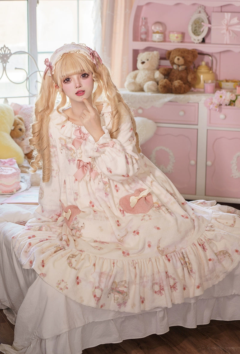 Baduoni~Starry With Moon~Winter Sweet Lolita Nightgown Dress Flannel Dree with Pants