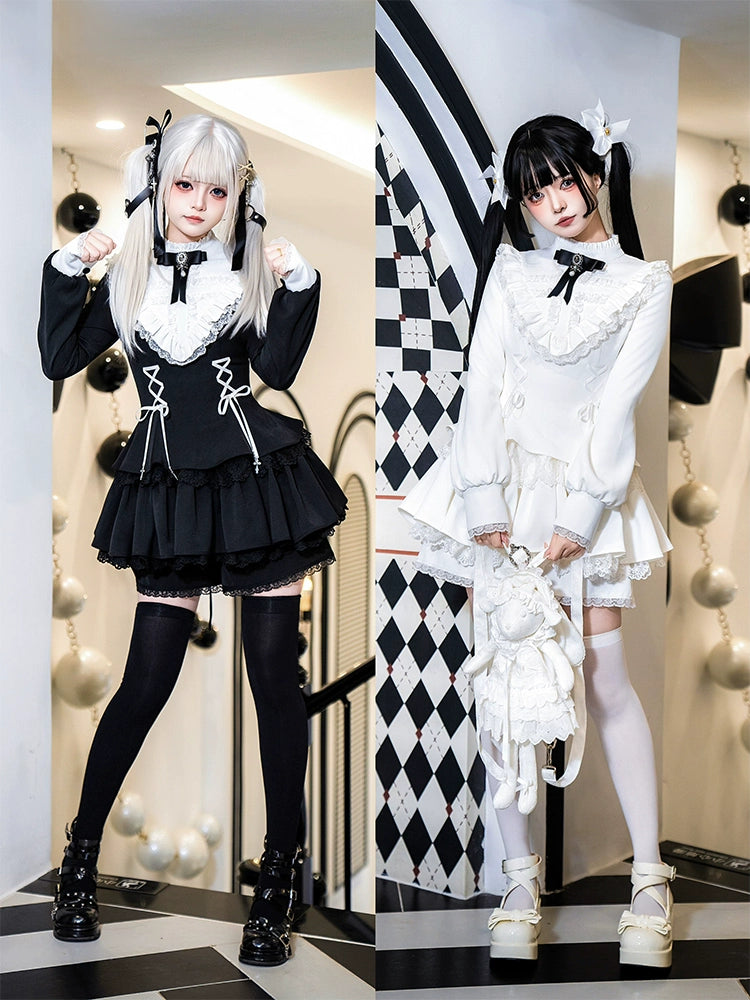 With Puji - Doki - Twin Lolita OP Black/White Goth Dress with Pocketed Shorts