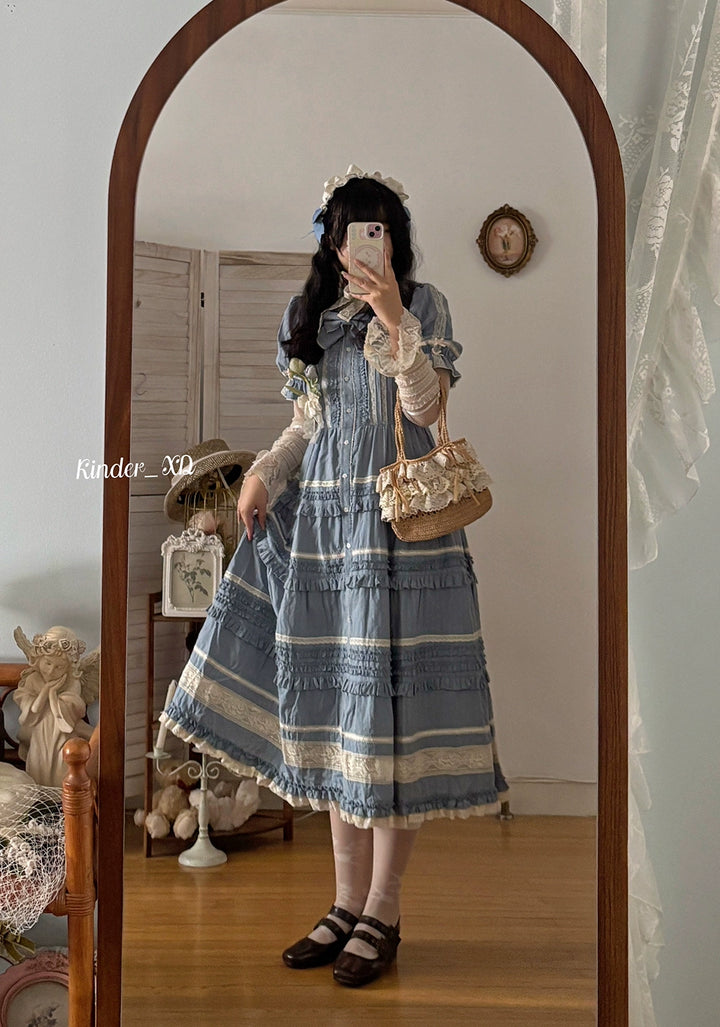 Miss Point~Cat Rose Tea~Elegant Lolita OP Open-front Short Sleeve Tiered Dress 42135:727790