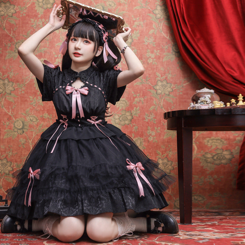 Eieyomi - Kawaii Lolita OP Dress Summer Dress Short Sleeve Black pink S