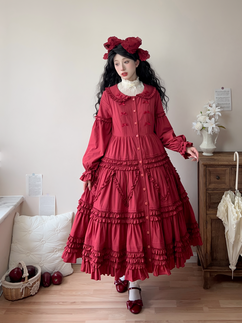 Bunny Magic Forest - Loving Bunny - Elegant Lolita Long Sleeve Trapeze OP, Tiered Skirt (Red / L M S XL / OP) 44362:806283