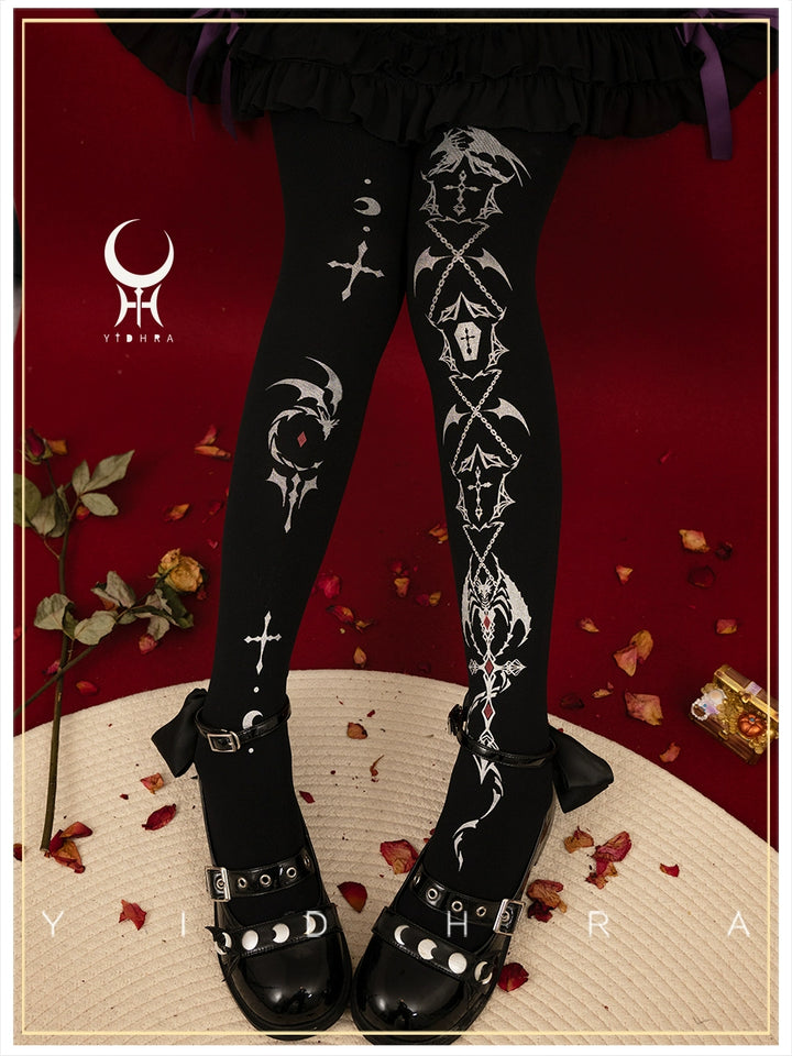 Yidhra~Dragon of Last Descent~Winter Lolita Pantyhose Goth Halloween Socks Free size Black Silver - Regular Style 