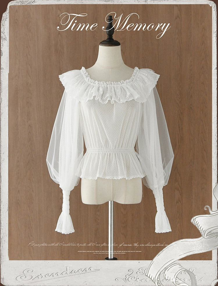 Time Memory~Layered Heart~Sheer Classic Shirt with Mutton Sleeves & Polka Dot White Polka Dot - Shirt Only - in stock F