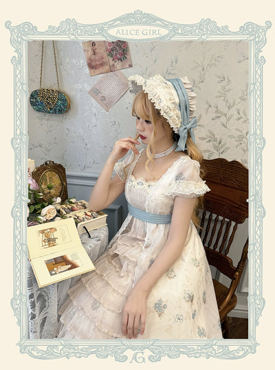 Alice girl~Night Rose~Elegant Lolita Bonnet Embroidered Side Clips bonnet (white-blue)  