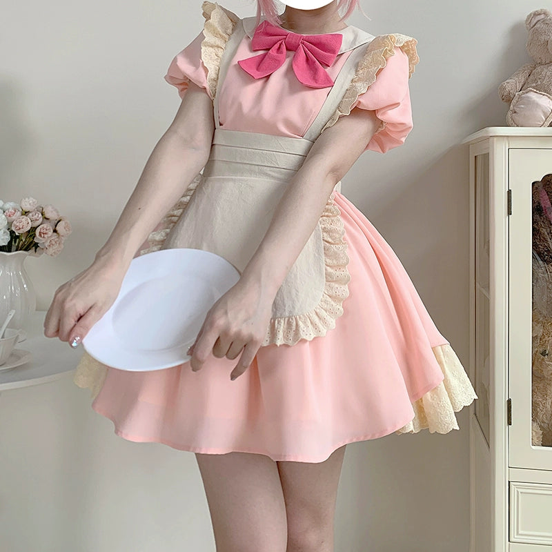 With PUJI~KissKiss~Maid Lolita OP Dress Pleated Lace Multicolor Dress