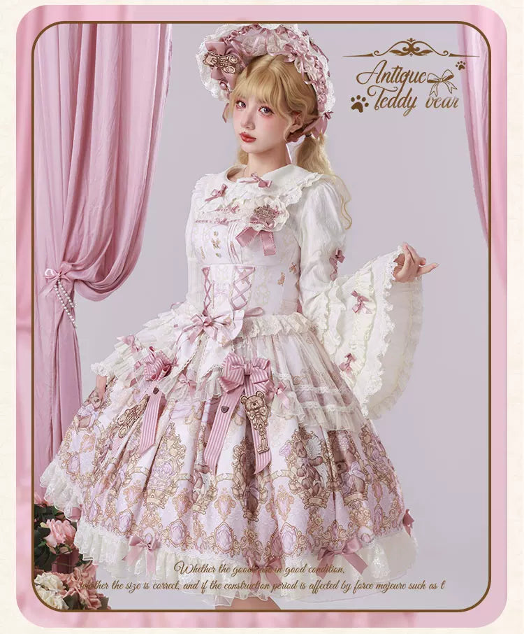 Antique Teddy Bear - Classic Lolita Printed JSK Dress with Ribbon Bows 45538:853239