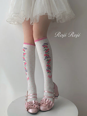 Roji Roji~Autumn Sweet Lolita Cotton Thigh-high Socks rose pink calf socks free size 