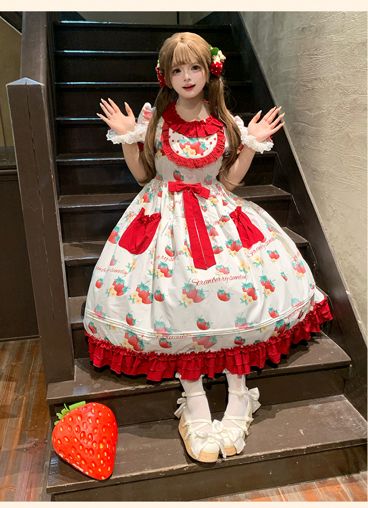 Sweet Berry Tidings - Plus Size Sweet Lolita OP Dress, Strawberry Print 45851:865349