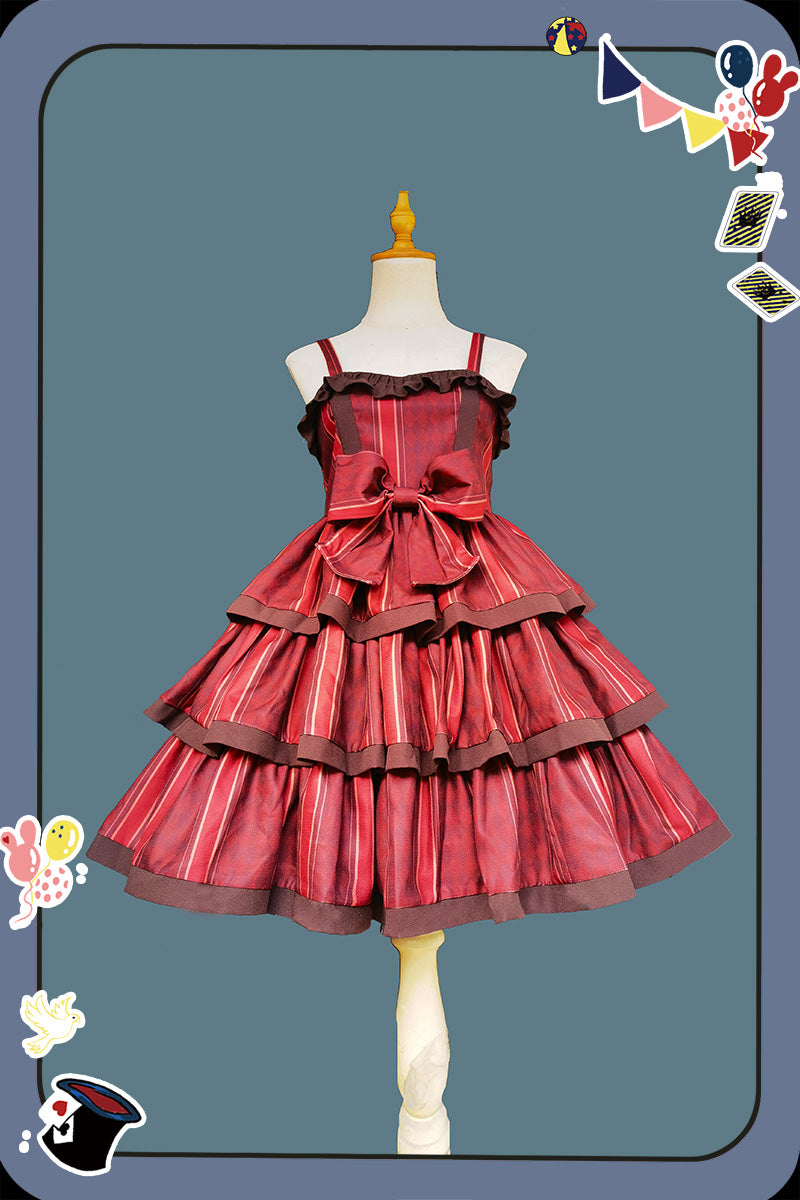 Infanta - Cloth Cat - Kawaii Lolita JSK Multi-Color Tiered Ruffles Dress Red Striped JSK Only M
