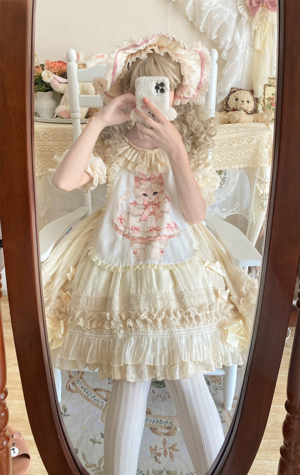 Ilovexiaolu~Meow Lullaby~Cotton Kawaii Lolita OP Dress with Removable Kitty Apron