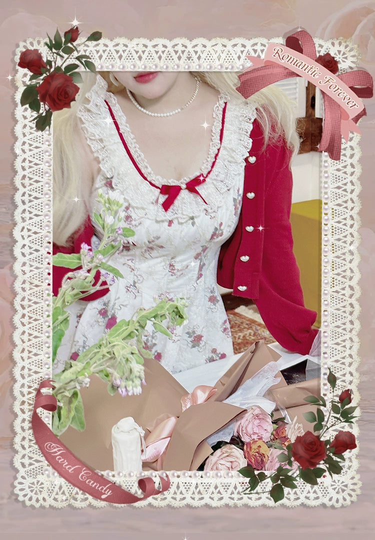 Yingtang~Plus Size Lolita Cardigan Set Elegant French Rose Print Dress 31448:375718