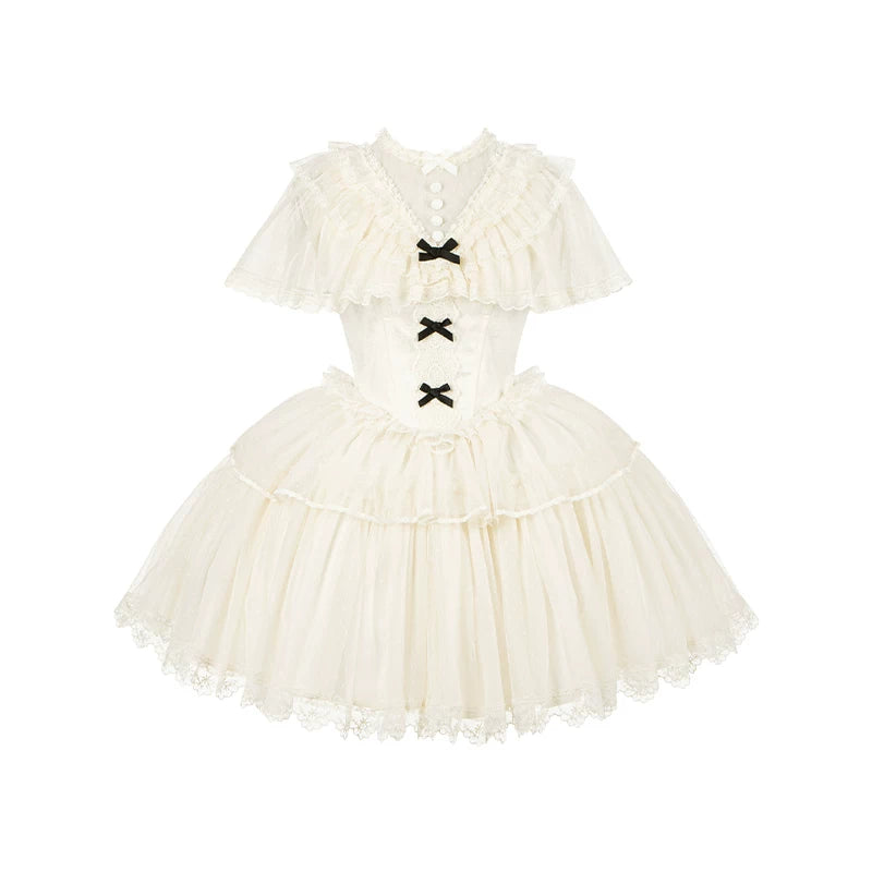 White Mist Promise - Classic Lolita Corset OP Set, Edwardian Collar & Tiered Hem (L M S) 45173:838288