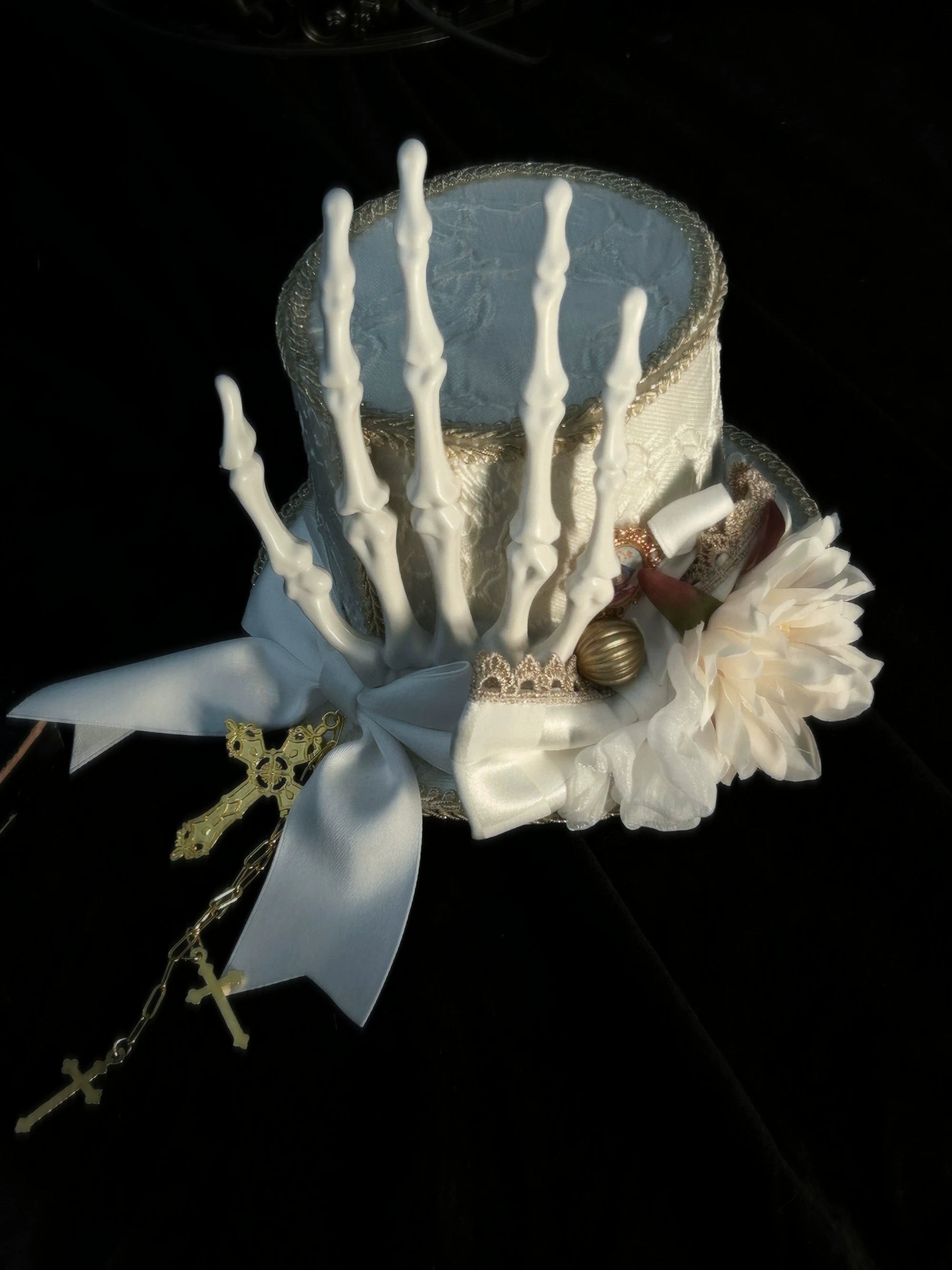 Genesis and Armageddon - Gothic Lolita Accessory, Skeleton Hand Decoration White - Mini Top Hat One Size