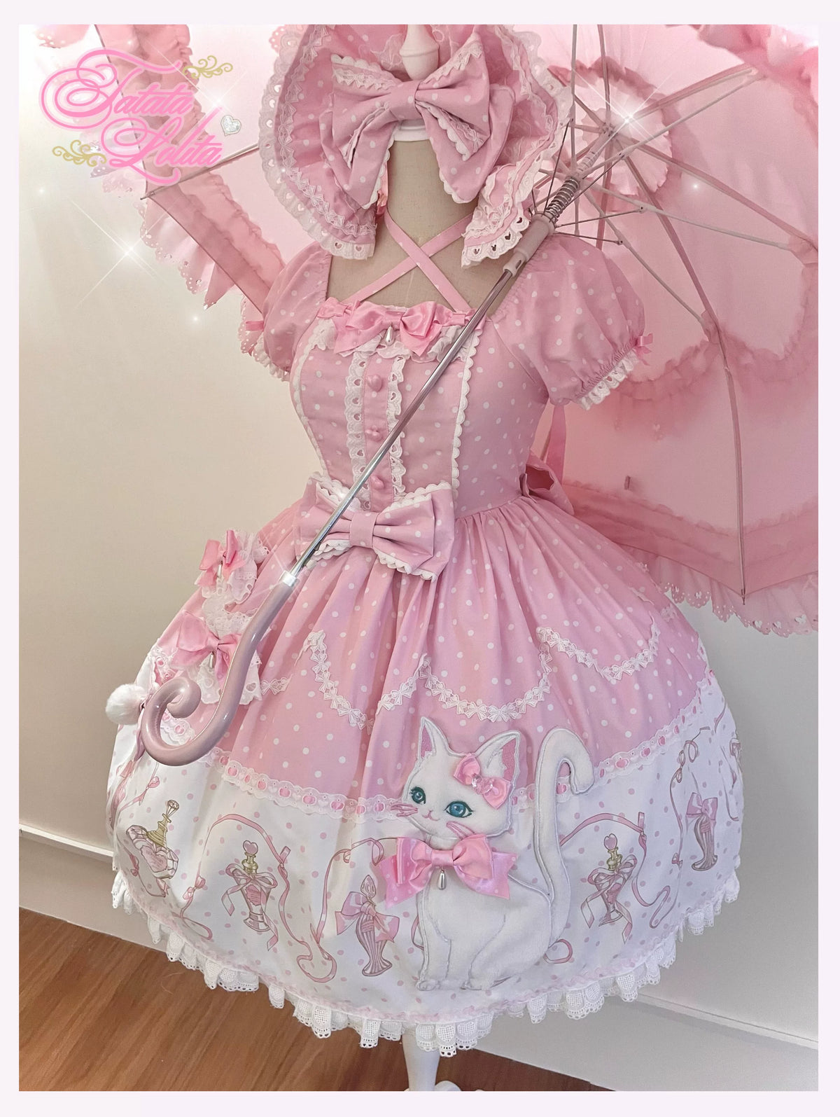 Perfume Kitty - Cotton Old School Lolita OP Dress, Perfume Print & Cat Patch 46037:873507