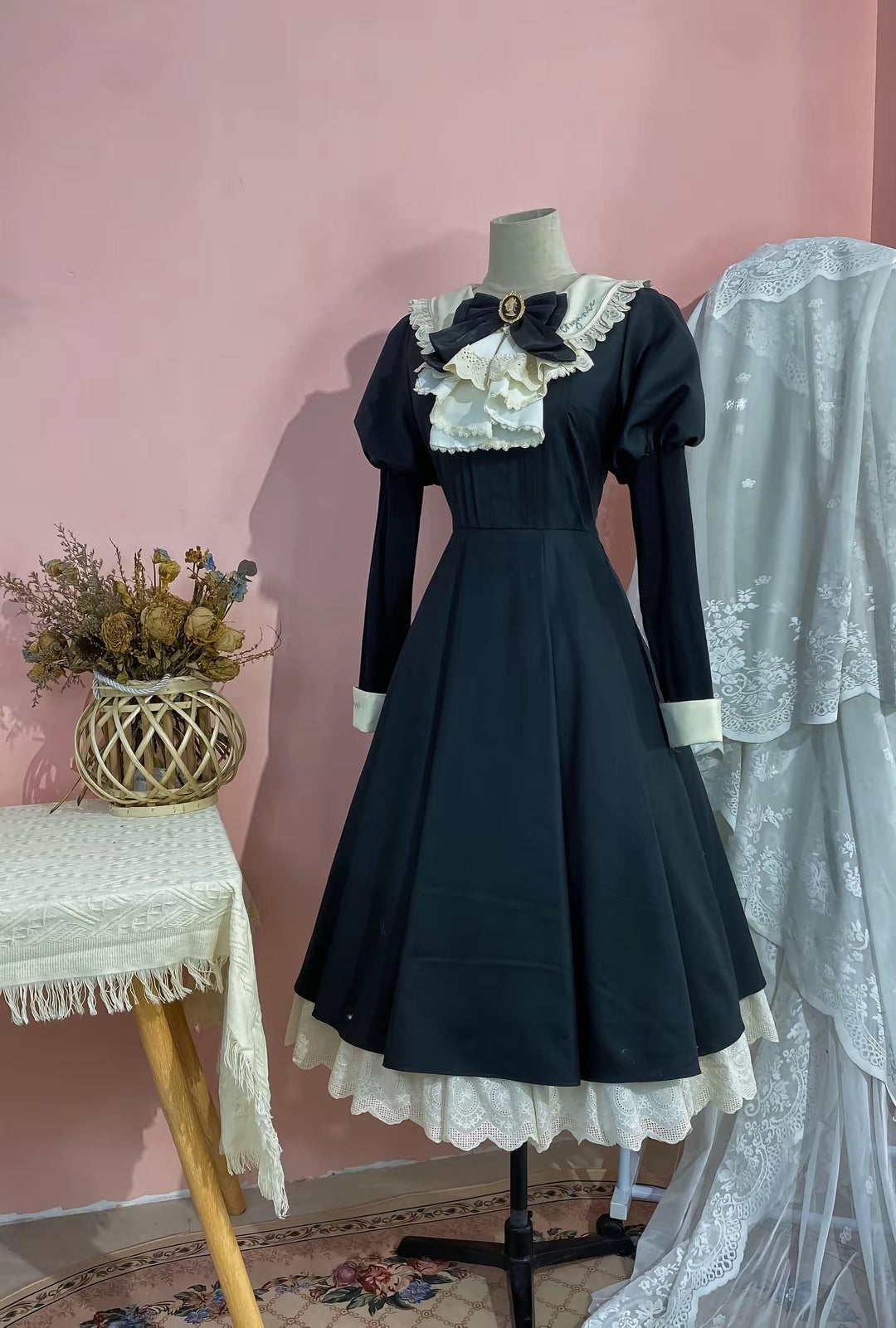 Qianmu~Classic Maid~Gothic Maid Lolita OP Suit with Apron and Jabot