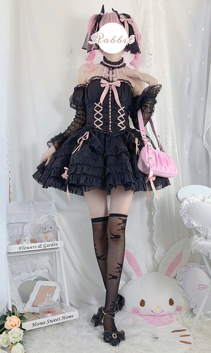 Alice Girl~Cross Maiden~Gothic Lolita Dress Ballet Halterneck Lolita JSK Dress XS black-pink 