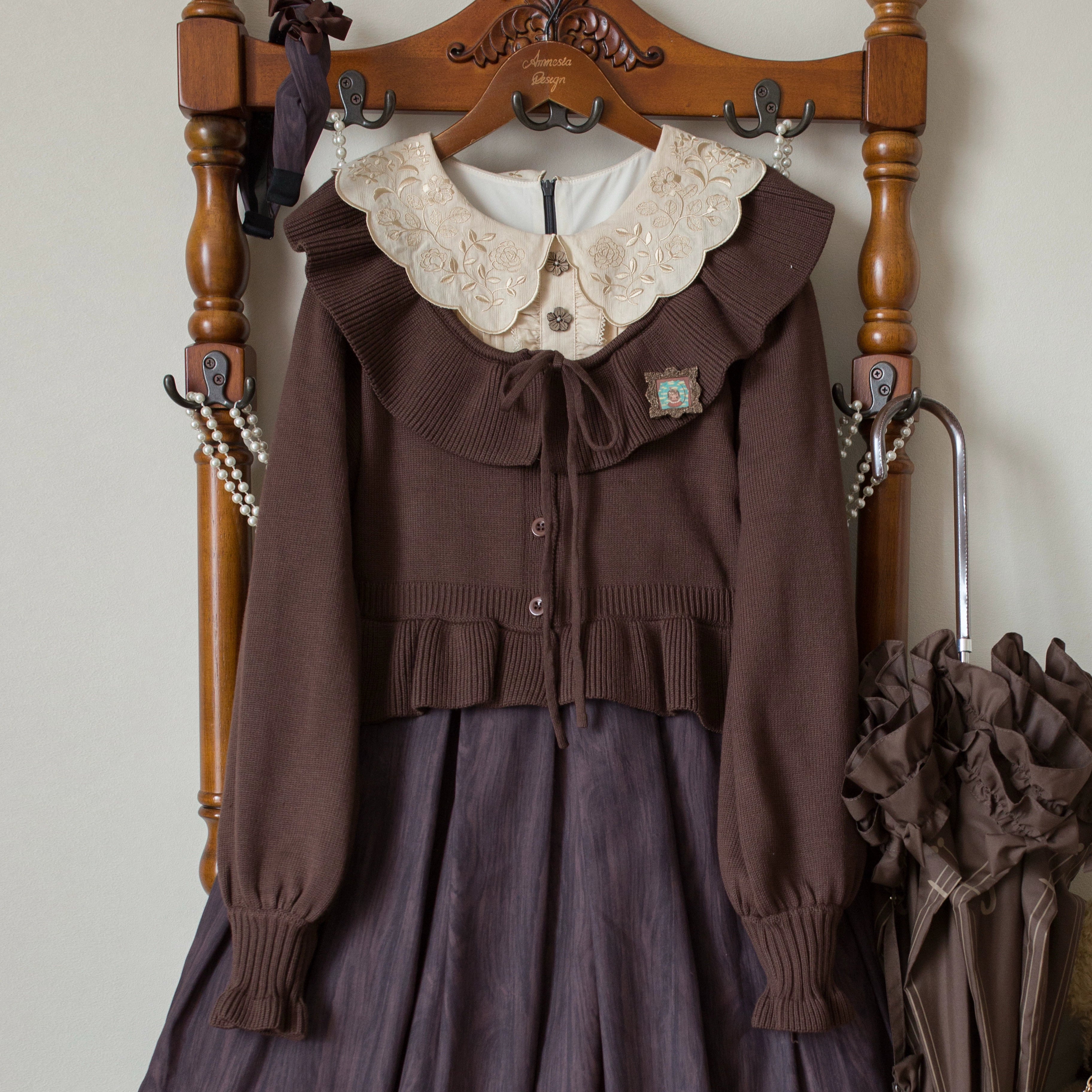 MIST - Lustre White - Kawaii Lolita Sweater Cardigan, Lantern Sleeves (Chocolate / L M S) 44187:797924