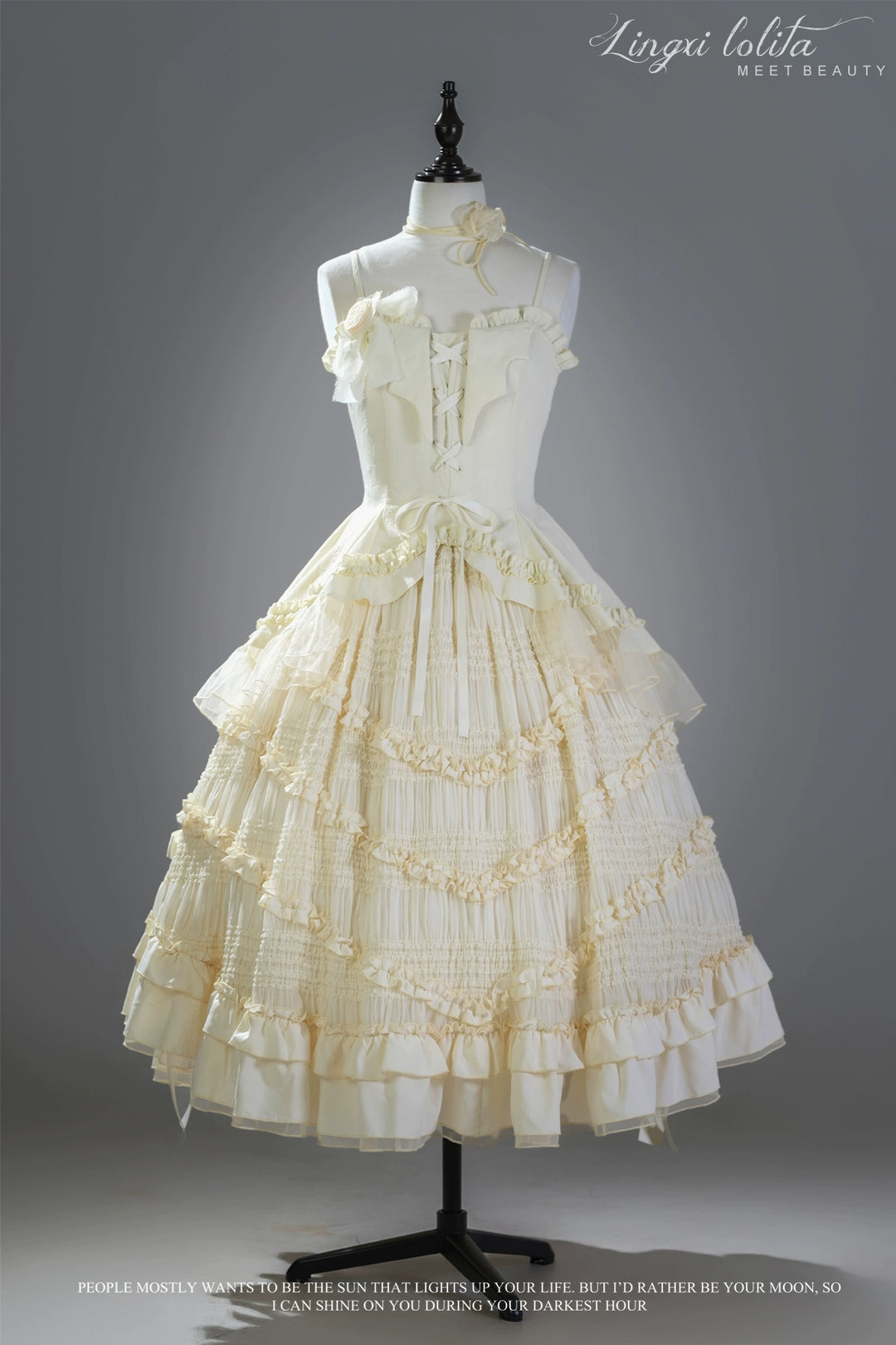 Lingxi Lolita~Rose Wing~Gothic Lolita Tiered Skirt Set S Beige (blouse + skirt + chiffon flower ball*1) 