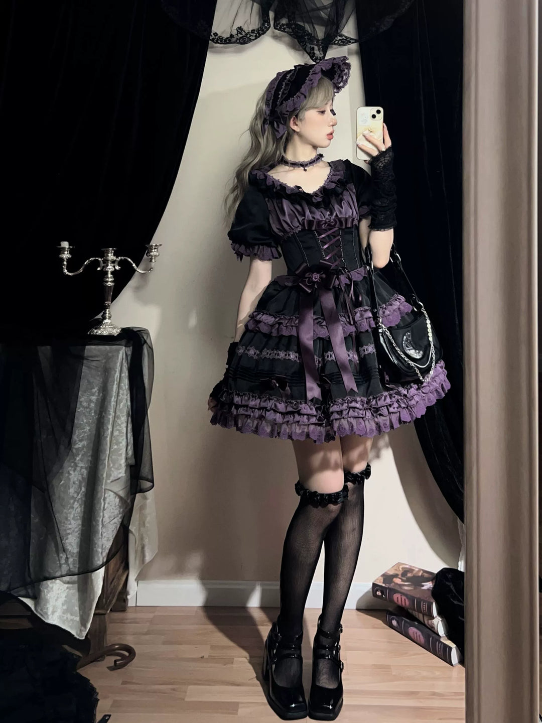 Uncle Wall Original~Stacked Black Currant~Gothic Lolita OP Dark Adjustable Lolita Dress   