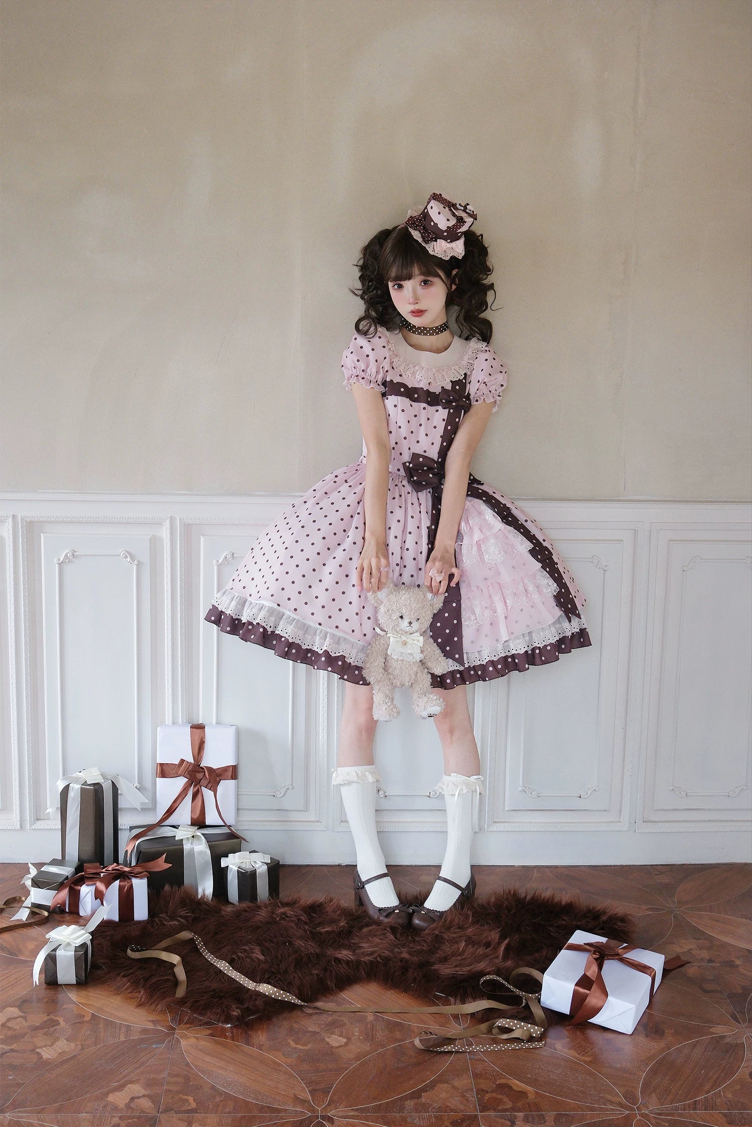 Coralie Box - Old School Lolita Polka Dot OP Dress, Cotton Round Collar 45520:851978