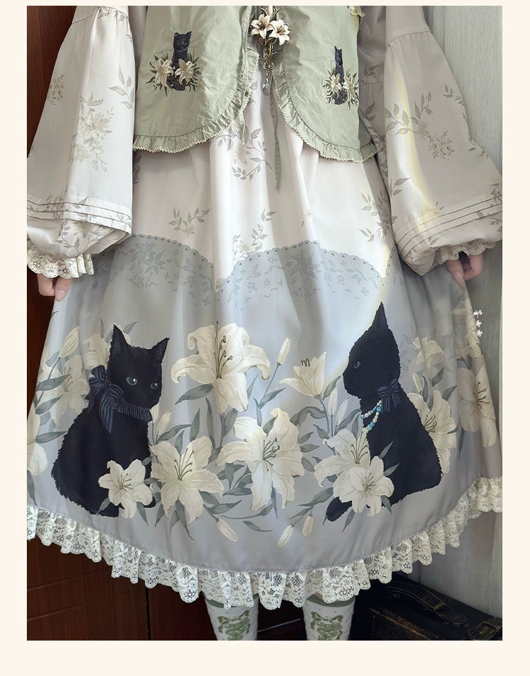 Akiyama Future Studio~Black Cat and Lily~Loose Kawaii Lolita OP Dress with Vest and Hat