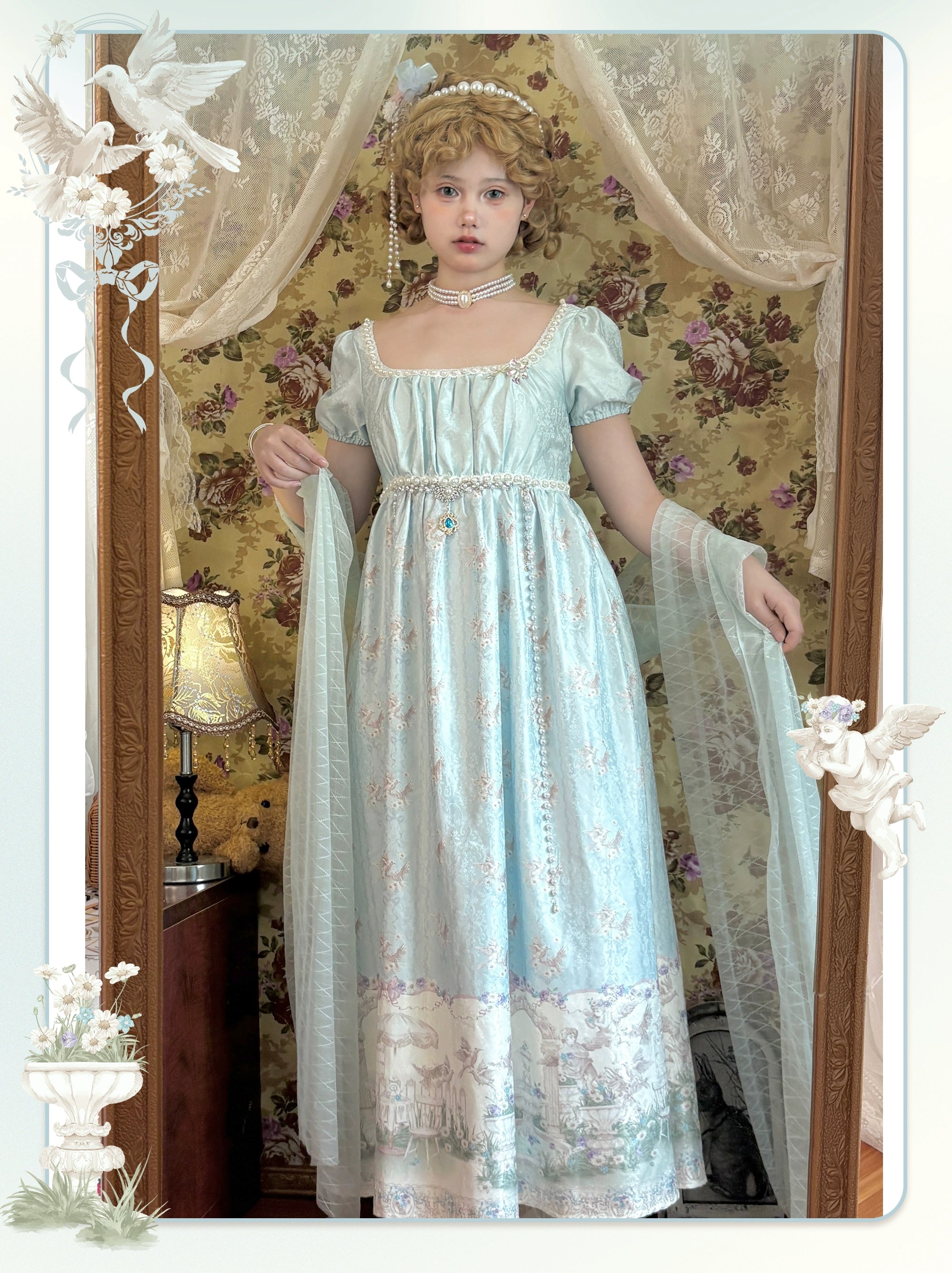 MeowMeow - Nayi Spring - Empire Waist Elegant Lolita OP Dress A Water Green Dress + A Floral Brooch S