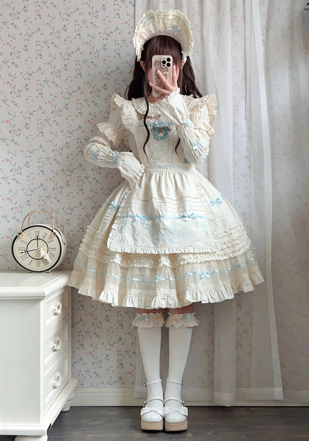 The Seventh Doll~Hazy Afternoon~Vintage Lolita OP Dress Embroidered Apron S Sky blue OP only 