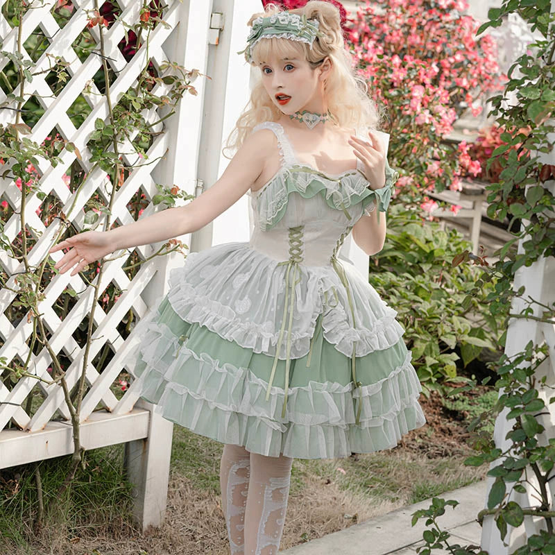 Daydream Whisper - Toting Basil - Plus Size Wedding Lolita Dress Green Bridal JSK S Short green dress only