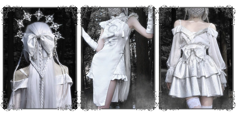 Blood Supply~Silver Dragon~Han Lolita Cheongsam White Dragon Embroidery Slit Qipao Dress   