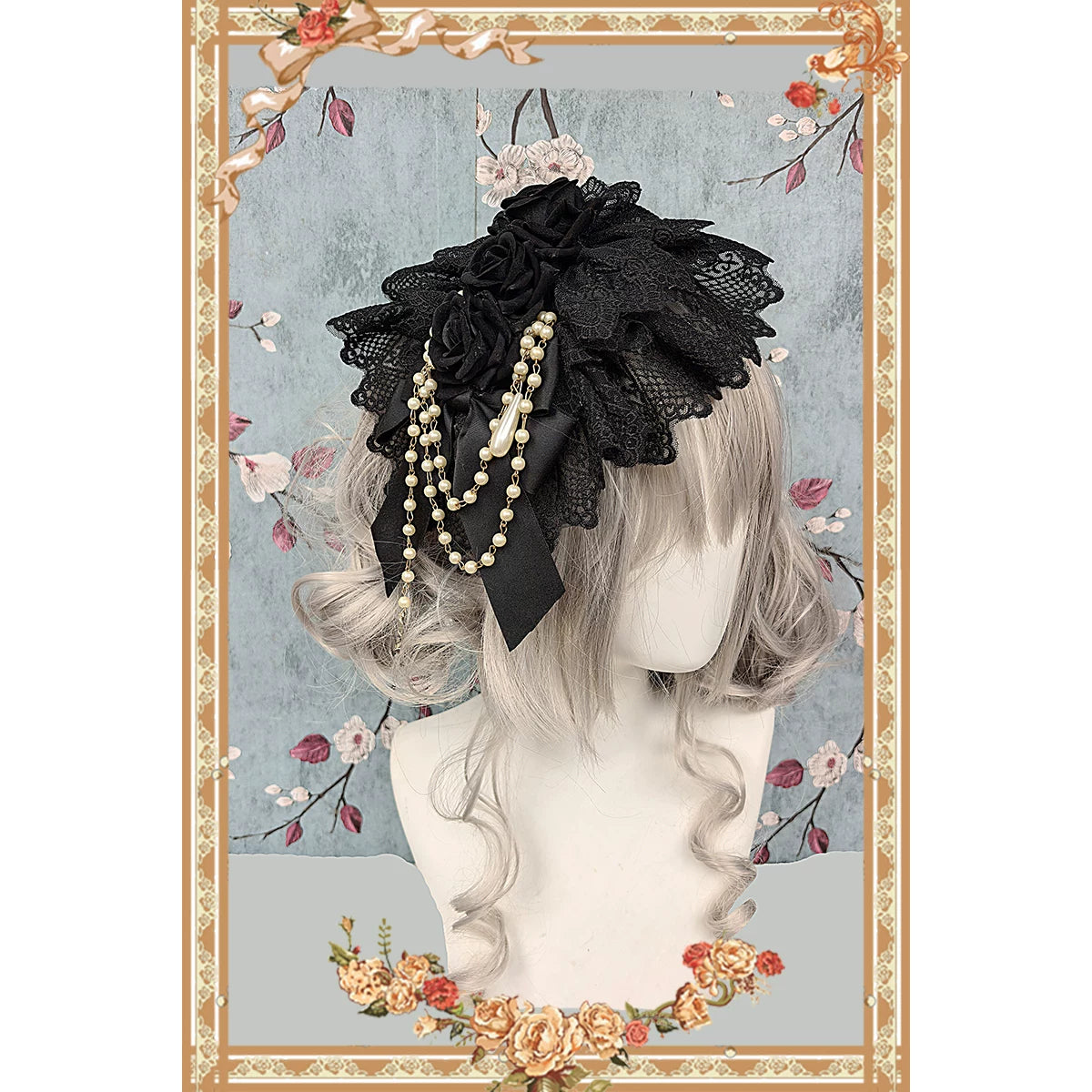 Elegant Lolita Hanamaru Hair Clip, Rose Bow & Pearl-like Chain 46096:874839