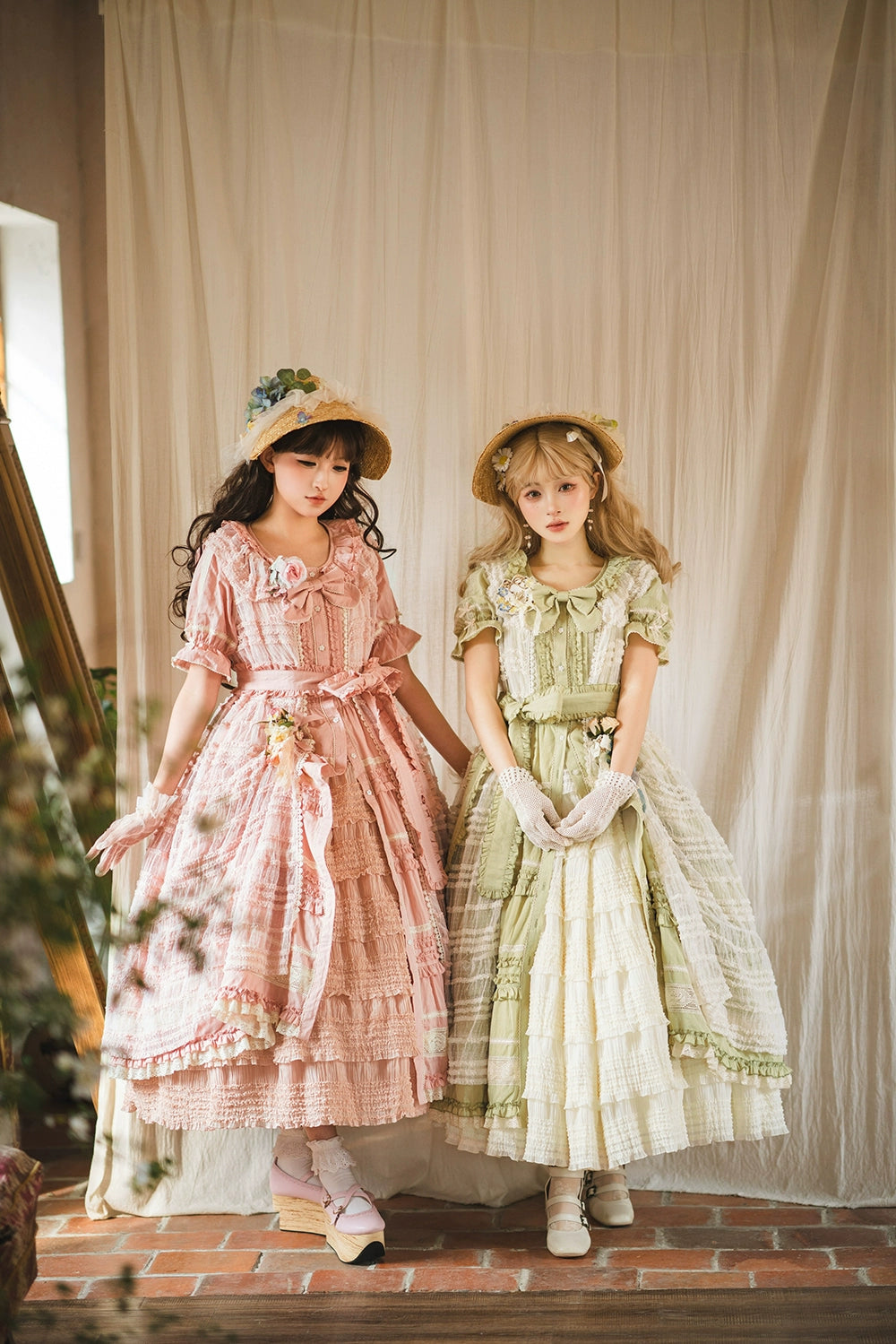 Miss Point~Cat Rose Tea~Elegant Lolita OP Open-front Short Sleeve Tiered Dress