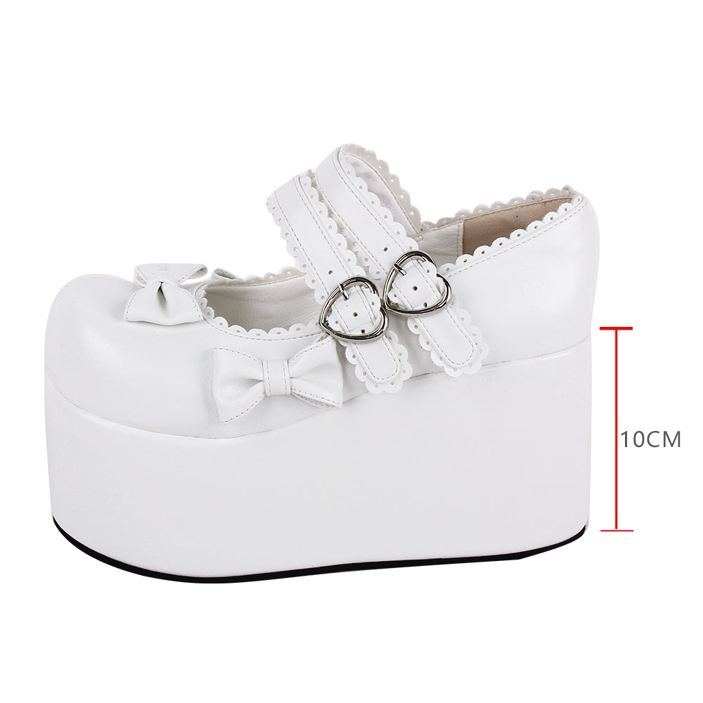 Pupujia~Angelic Imprint~Punk Lolita Shoes High Platform Shoes with Bow white (10cm heel height) 33 