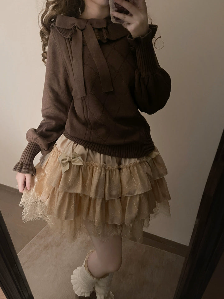 MIST~Mist Cotton~Winter Lolita Sweater Cute Knit Shirt dark brown(without neck bow) S 