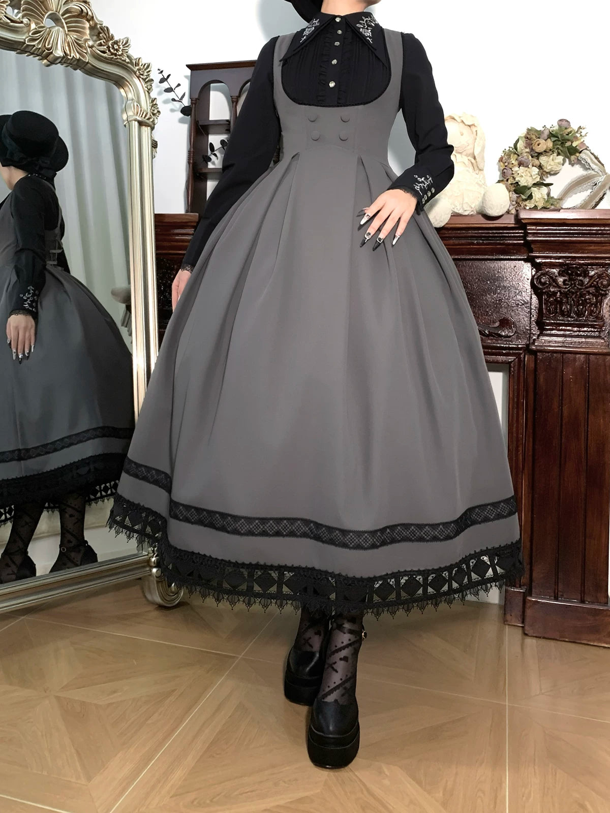 Serenade - Bust-Supporting Elegant Lolita JSK Dress, Three Length Styles Midi Dark Gray - 41.3" (105 cm) S