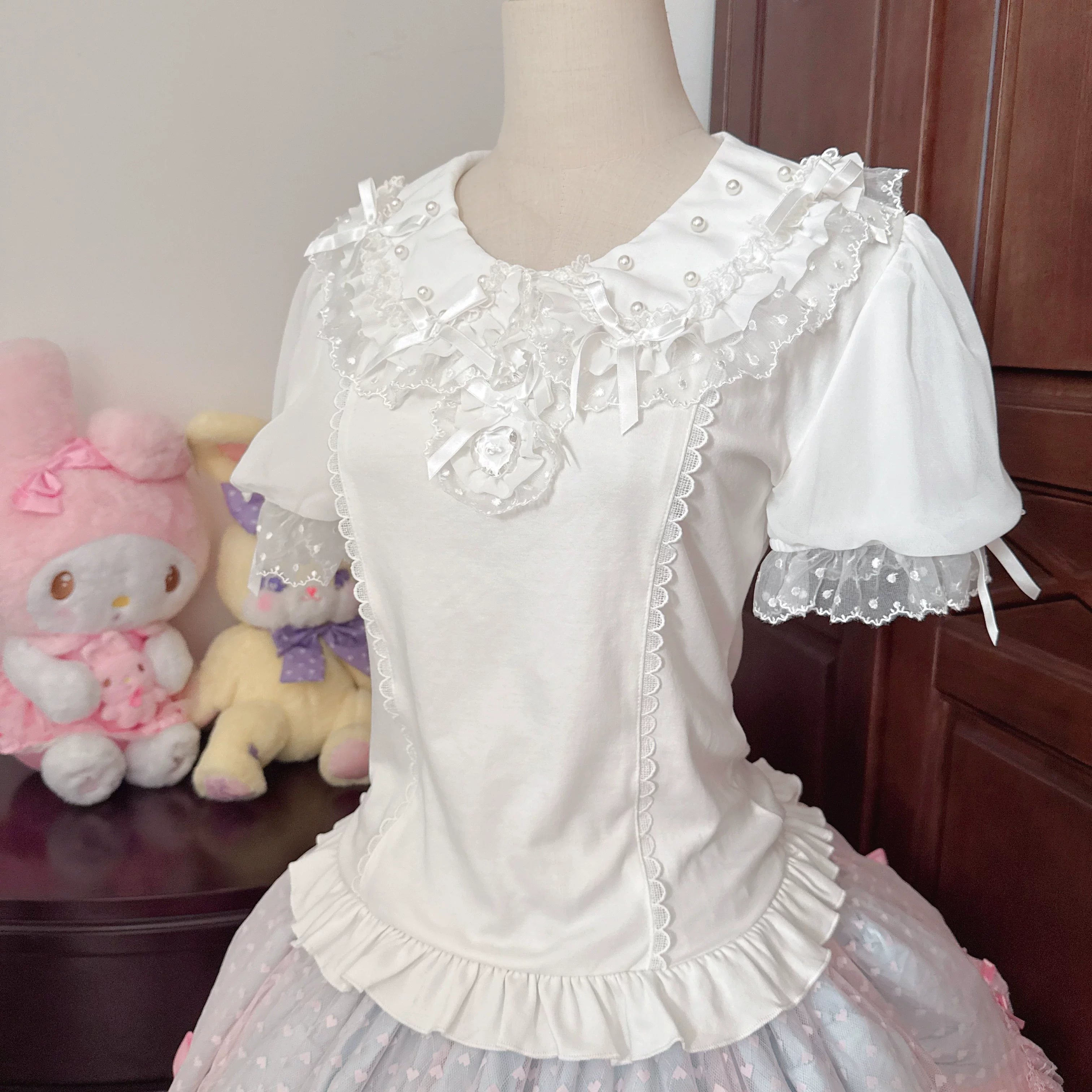 Sea Coconut - Cotton Old School Lolita Peter Pan Collar Blouse with Lace White - Short Sleeve Blouse Small