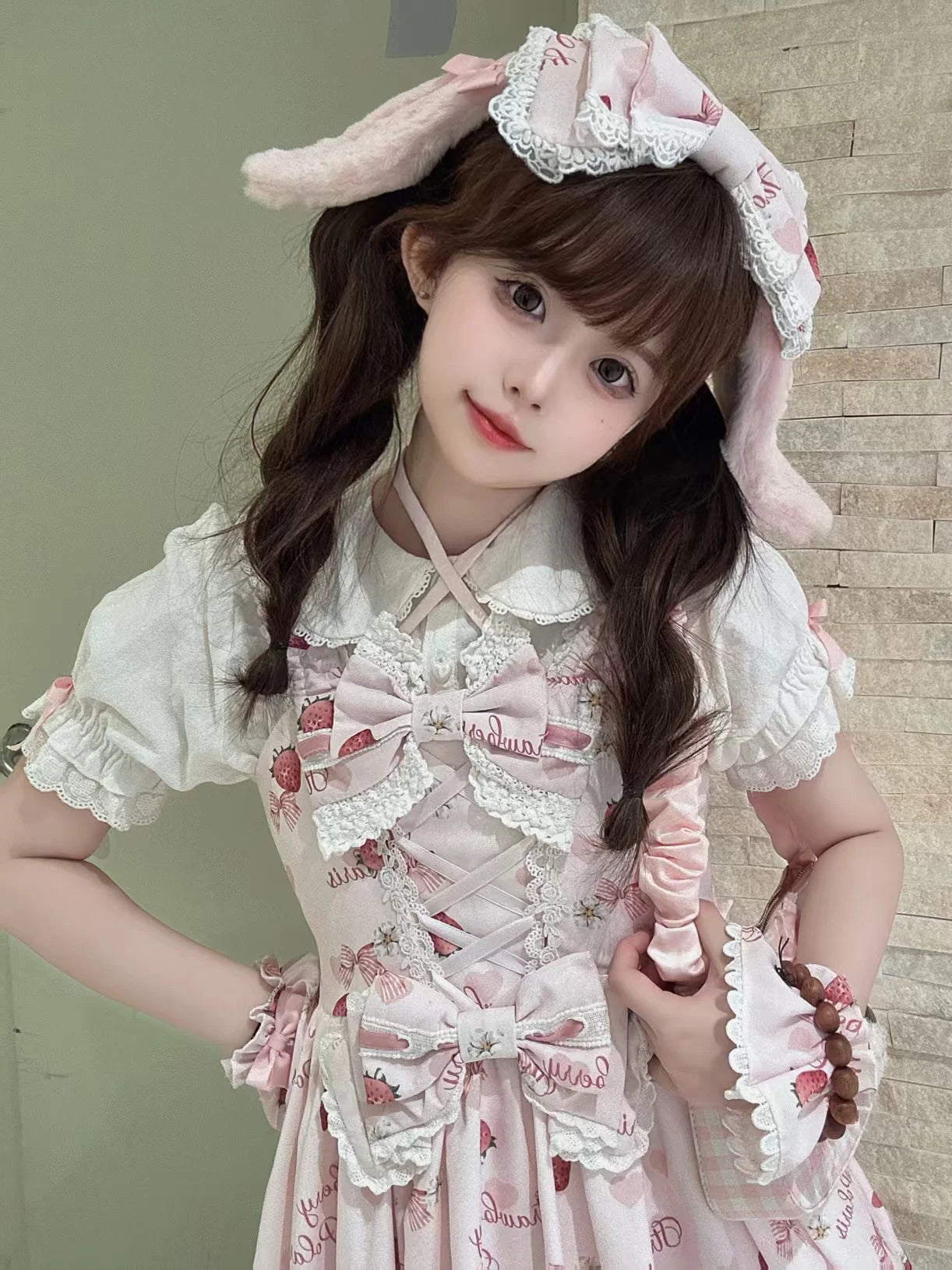 Rabbit Berry Gift Box SP - Printed Kawaii Lolita JSK, Elastic Ruffled Straps