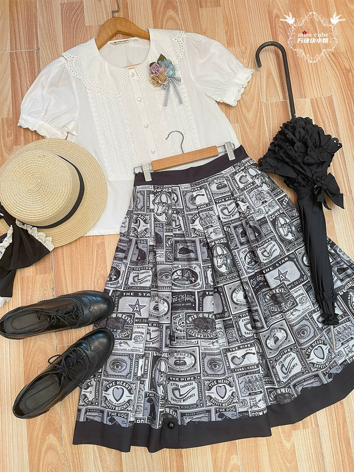 Miss Cube - Antique Label - Retro Lolita Skirt American Half Skirt Customized Antique Print